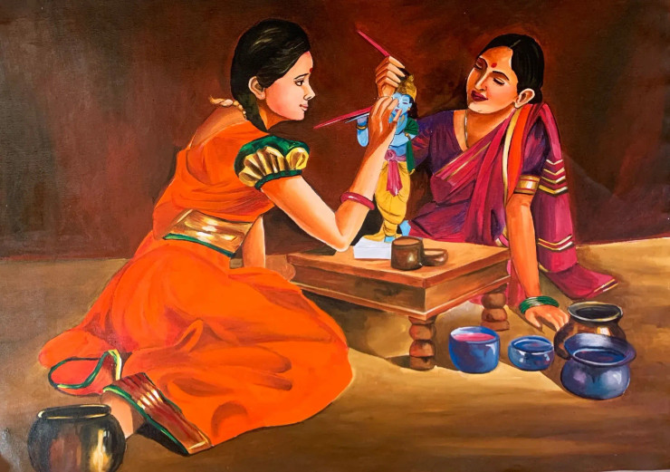 Me And Mom Painting My Kanna (ART-15908-104304) - Handpainted Art Painting - 36in X 24in