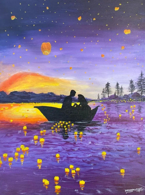 Couple Date Night (ART-15981-104282) - Handpainted Art Painting - 12in X 16in