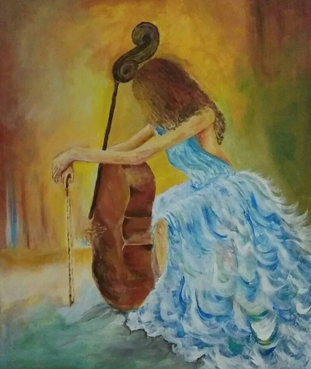 Lady With Violin (ART-15981-104280) - Handpainted Art Painting - 20in X 24in