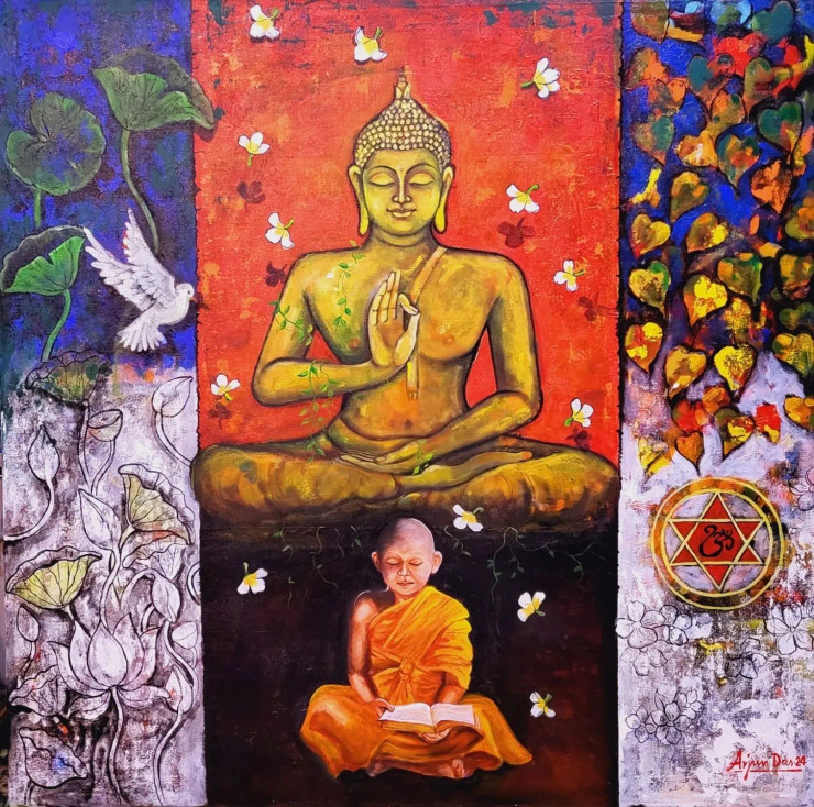 Buddha And Monk 15 (ART-82-104345) - Handpainted Art Painting - 48in X 48in
