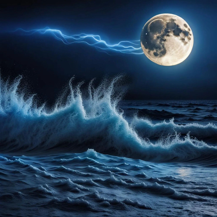 Electrifying Sea Waves Under Full Moon (PRT-15676-104337) - Canvas Art Print - 18in X 18in
