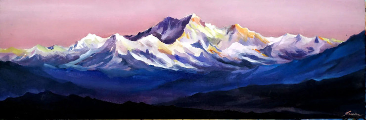 Beauty Of Sunset Kanchenjunga (ART-1232-104375) - Handpainted Art Painting - 30in X 10in