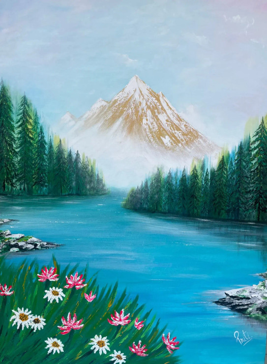 Misty Golden Peak (ART-7383-104381) - Handpainted Art Painting - 36in X 48in