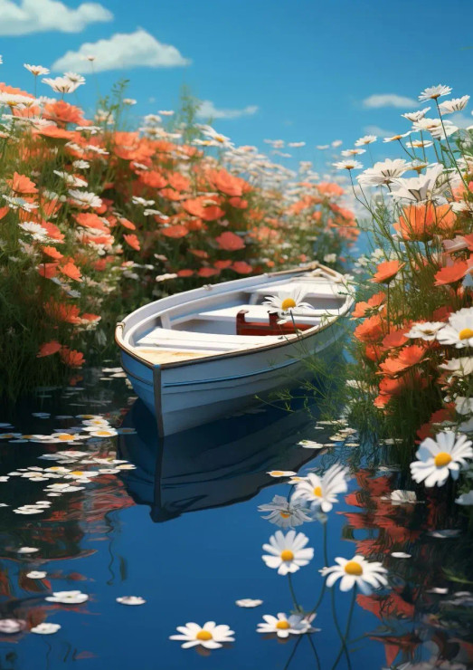 Boat On Water With Flowers (PRT-7809-104463) - Canvas Art Print - 8in X 12in