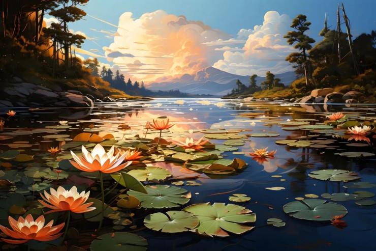 Lotus Lake Landscape 1 (PRT-7809-104479) - Canvas Art Print - 12in X 8in