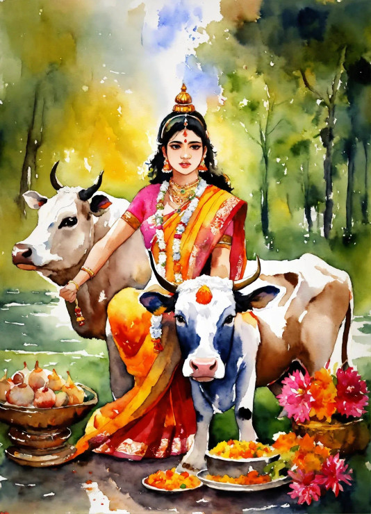 Hindu Cow Worship (PRT-8991-104869) - Canvas Art Print - 43in X 60in