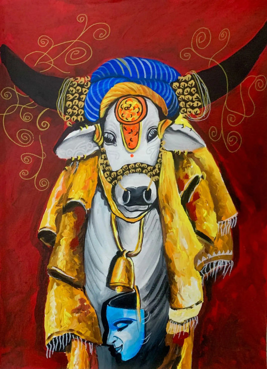 Nandi (ART-15908-104858) - Handpainted Art Painting - 18in X 24in