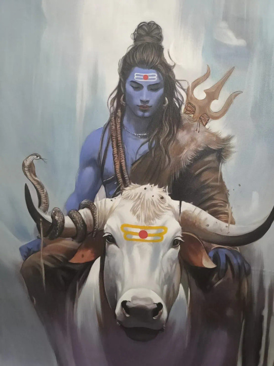 Lord Shiva On Bull (ART-7699-104756) - Handpainted Art Painting - 24in X 36in