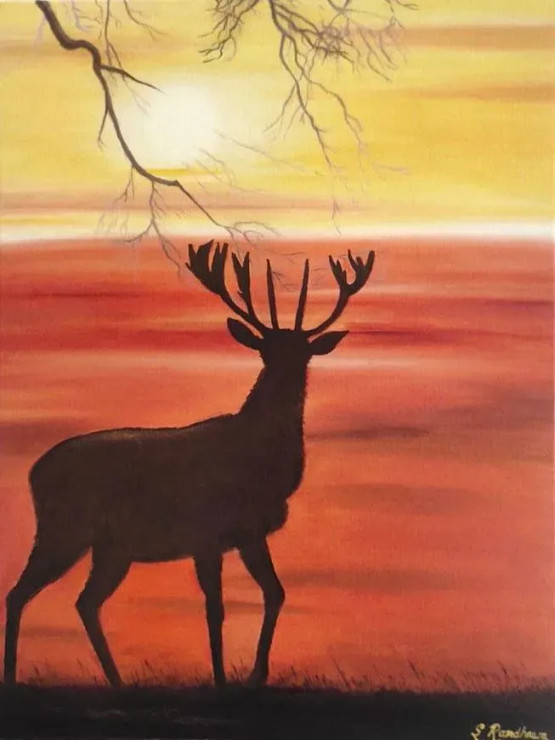 Stag Staring Sunset (ART-16026-104840) - Handpainted Art Painting - 18in X 24in