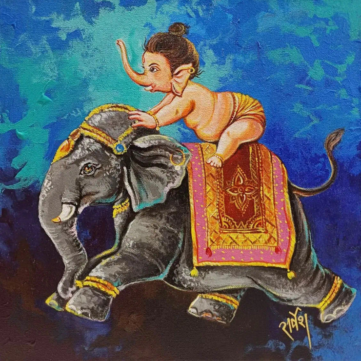 Baby Ganesha's Elephant Ride (ART-16029-104826) - Handpainted Art Painting - 12in X 12in