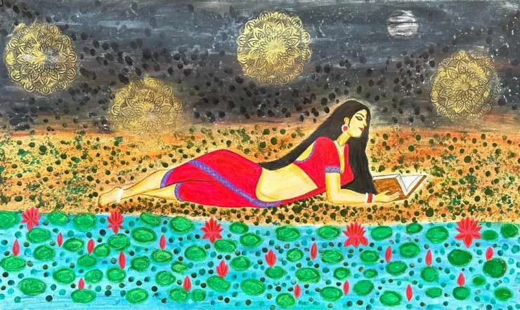 BEAUTIFUL LADY READING BOOK NEAR LOTUS POND (ART-7748-104729) - Handpainted Art Painting - 36in X 20in