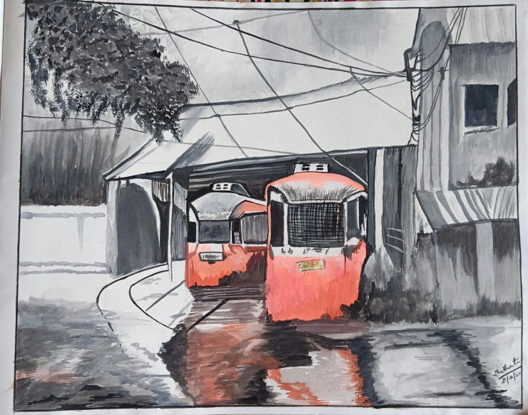 Tram In Kolkata (ART-8077-103713) - Handpainted Art Painting - 13in X 11in