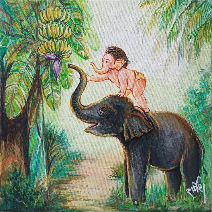 Baby Ganesha's Banana Quest (ART-16029-104827) - Handpainted Art Painting - 12in X 12in