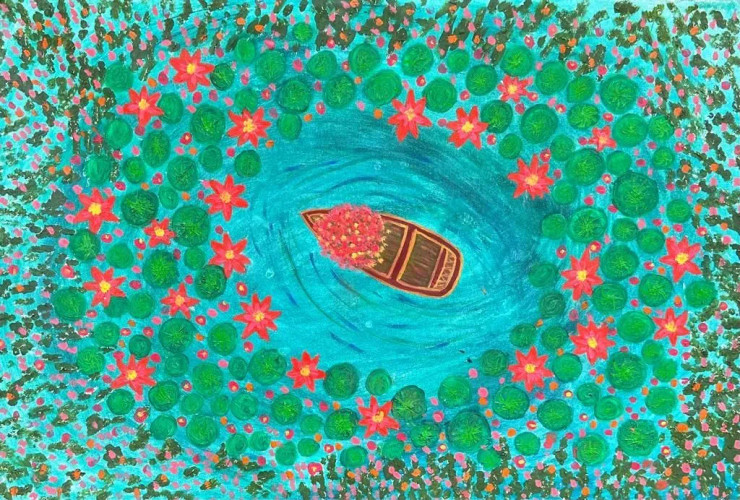 Top View Of A Boat Carrying Flowers In Lotus Pond (ART-7748-104512) - Handpainted Art Painting - 32in X 20in