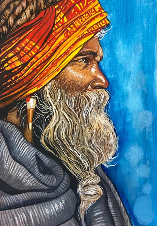 The Brooding Saadhu (ART-7283-104513) - Handpainted Art Painting - 8in X 11in