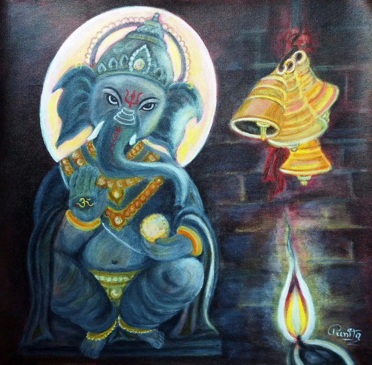 LORD GANESHA (ART-15971-104861) - Handpainted Art Painting - 13in X 13in