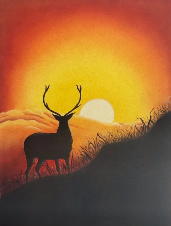 Reindeer At Sunset (ART-16026-104839) - Handpainted Art Painting - 18in X 24in