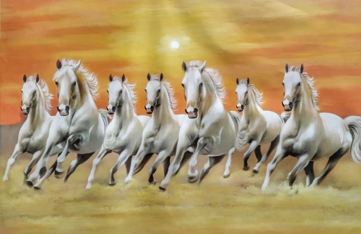 Galloping Seven Horses On Canvas (ART-7699-104757) - Handpainted Art Painting - 45in X 30in