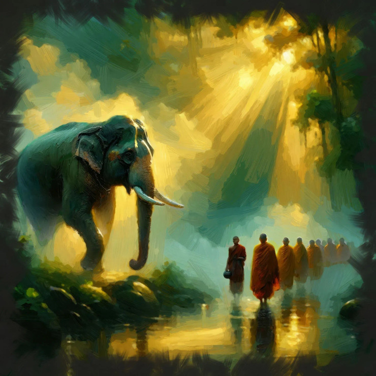 Whispers Of Enlightenment: The Jungle's Majestic Morning Ritual (PRT-15697-104966) - Canvas Art Print - 60in X 60in