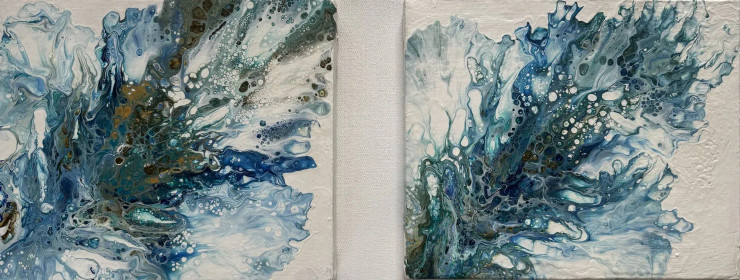 Peacock Feathers -- Pair Of Two Abstract Fluid Paintings In Acrylic Colors (ART-811-104977) - Handpainted Art Painting - 12in X 10in