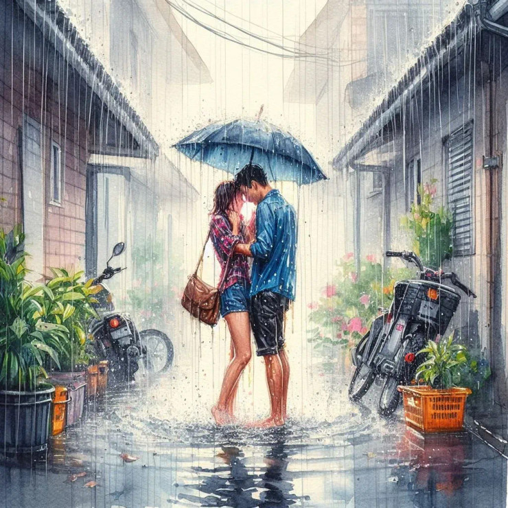 Couple In Rain 7 (PRT-8991-105115) - Canvas Art Print - 60in X 60in