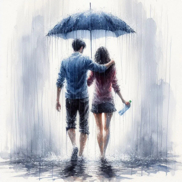 Couple In Rain 2 (PRT-8991-105110) - Canvas Art Print - 60in X 60in