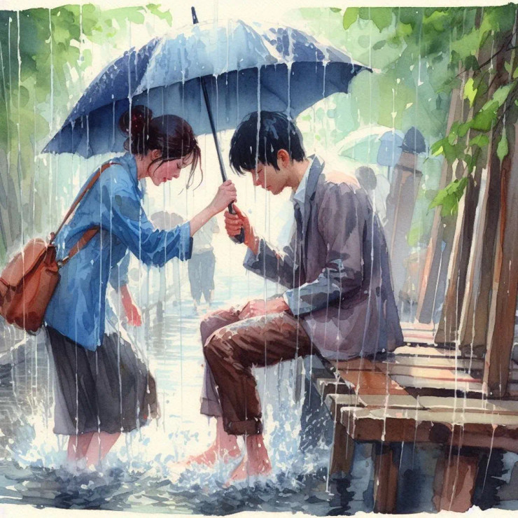 Couple In Rain 3 (PRT-8991-105111) - Canvas Art Print - 60in X 60in