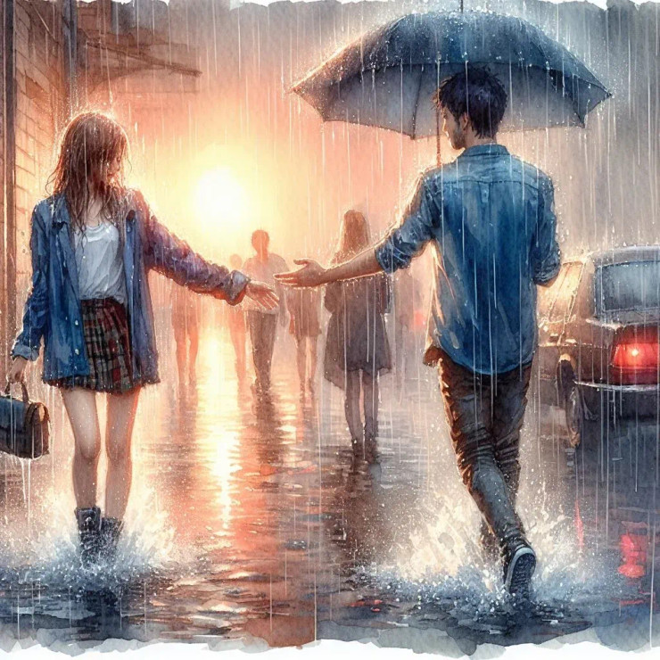 Couple In Rain 4 (PRT-8991-105112) - Canvas Art Print - 60in X 60in