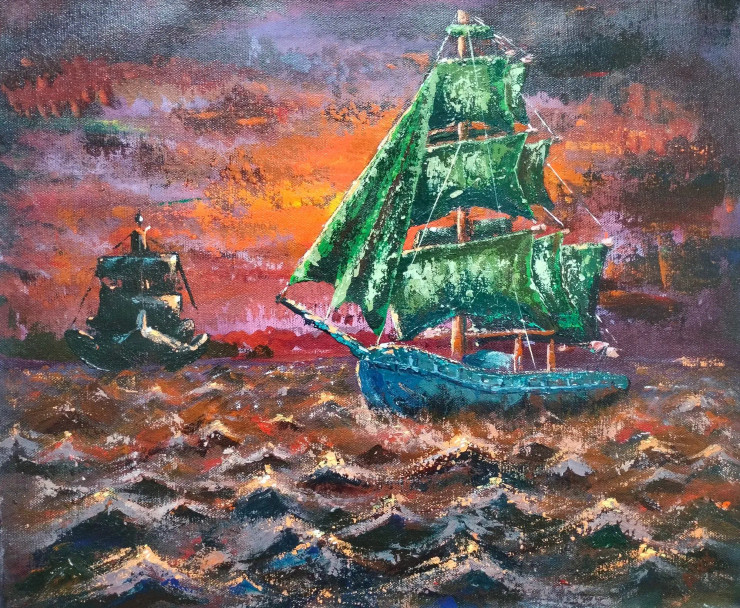 Sailing Ship By Knife (ART-16064-105083) - Handpainted Art Painting - 16in X 13in