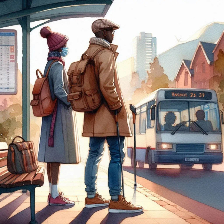 Couple At Bus Stop 3 (PRT-8991-105196) - Canvas Art Print - 60in X 60in