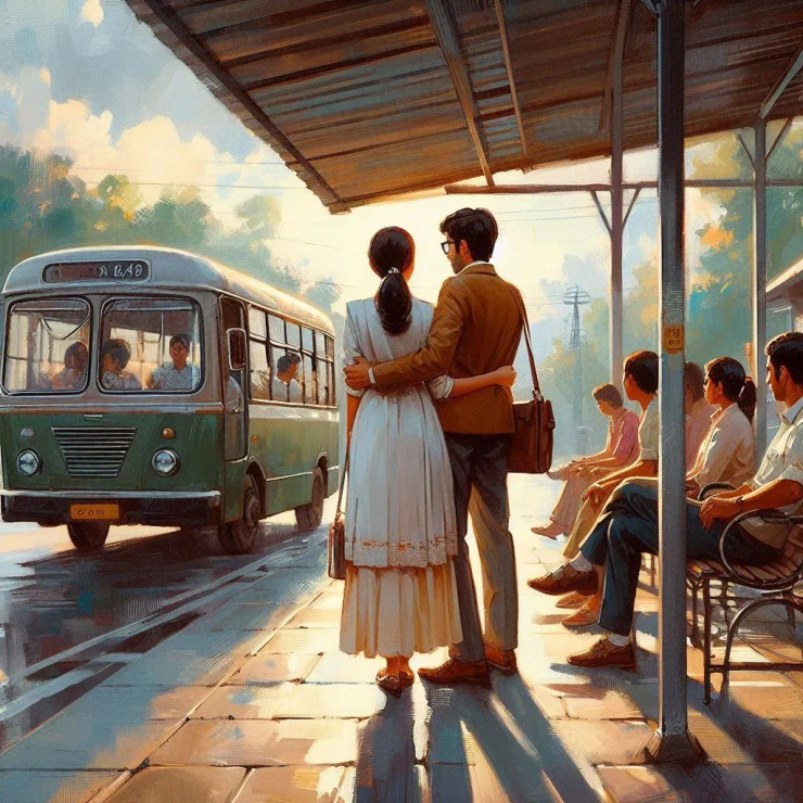 Couple At Bus Stop (PRT-8991-105194) - Canvas Art Print - 60in X 60in