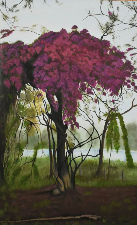 The Bougainvillea Shrub (ART-6955-105185) - Handpainted Art Painting - 30in X 48in