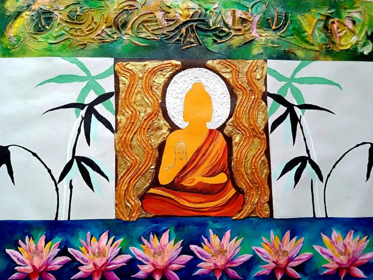 Buddha And Lotus I (ART-8034-105119) - Handpainted Art Painting - 24in X 18in