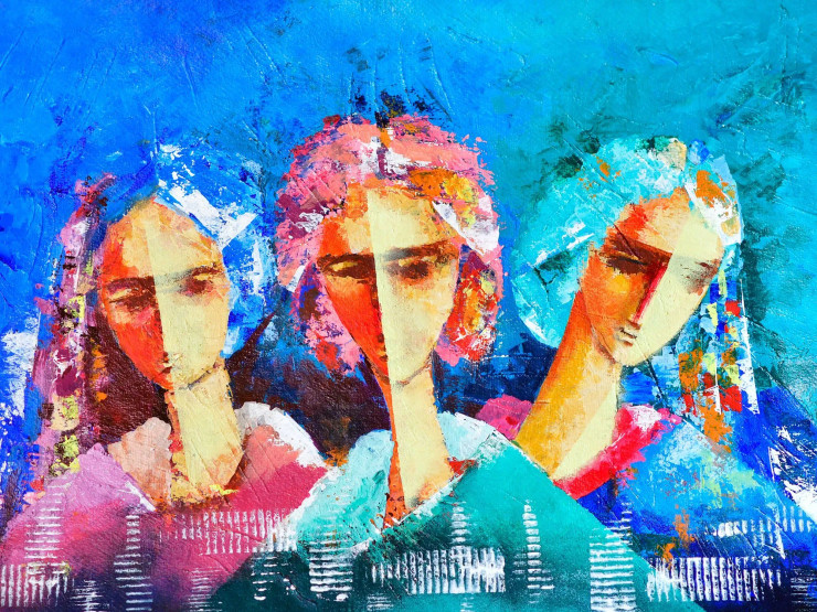 "Three Sisters" - Faces Series, Figurative Abstract -198 (ART-15639-105183) - Handpainted Art Painting - 24in X 18in