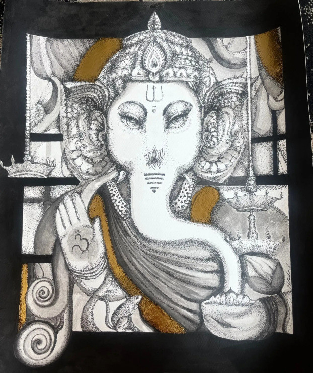 Ganesha (ART-237-105129) - Handpainted Art Painting - 15in X 18in