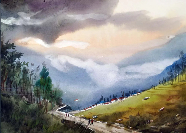 Cloudy Himalaya Mountain Landscape (ART-1232-105123) - Handpainted Art Painting - 15in X 11in