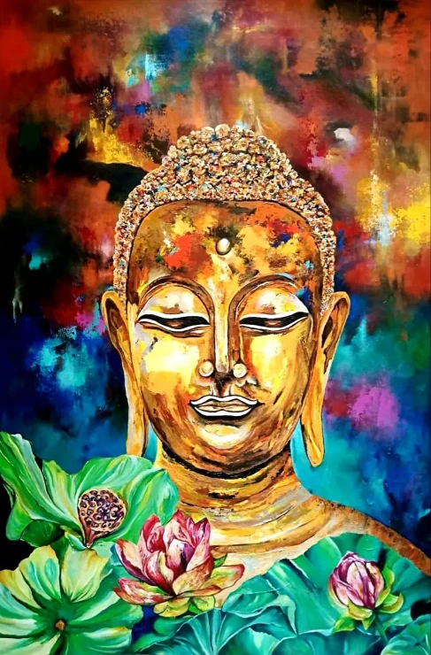 Buddha Painting With Lotus Contemporary Spiritual Wall Art In Abstract Background (ART-8034-105118) - Handpainted Art Painting - 24in X 36in