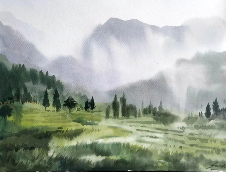 Himalaya At Monsoon (ART-1232-105126) - Handpainted Art Painting - 15in X 11in