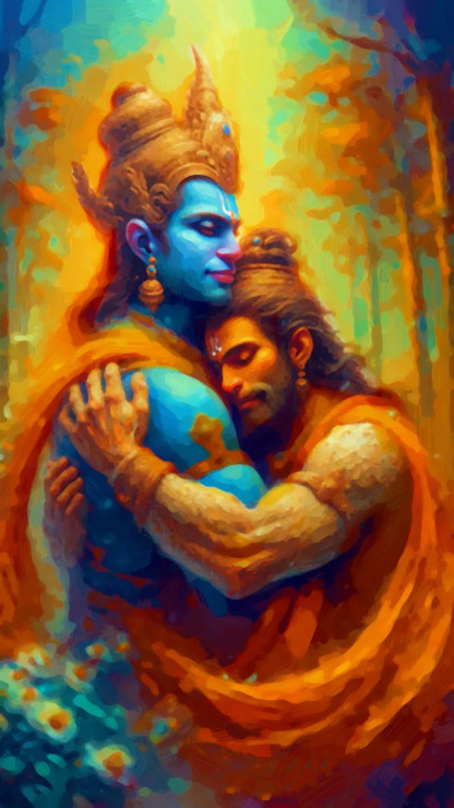 Divine Union: Capturing The Majesty Of Ram And Hanuman's Meeting (PRT-15697-105211) - Canvas Art Print - 34in X 60in