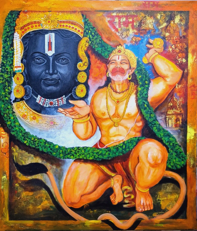 Ram Bhakt Hanuman (ART-82-105213) - Handpainted Art Painting - 36in X 42in