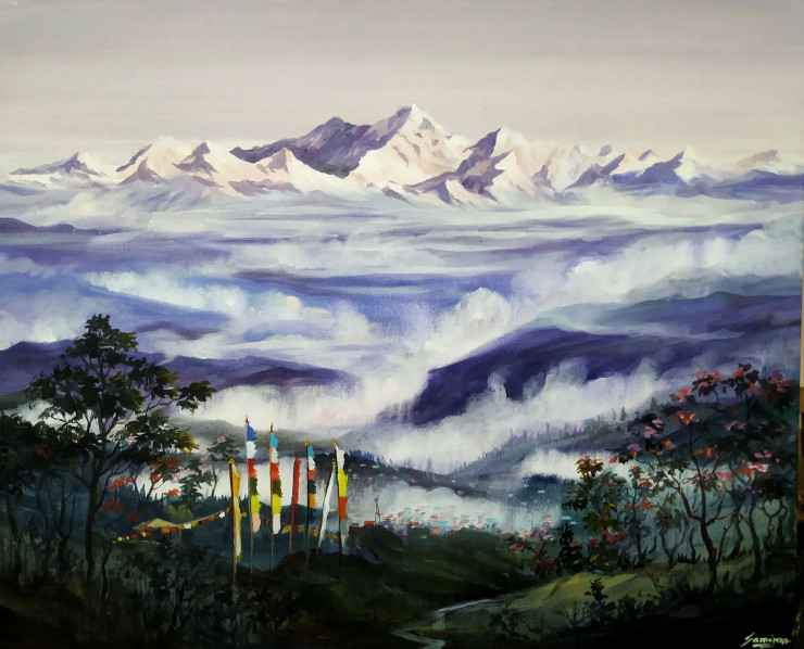 Cloudy Himalaya & Kanchenjunga Peak (ART-1232-105283) - Handpainted Art Painting - 36in X 30in