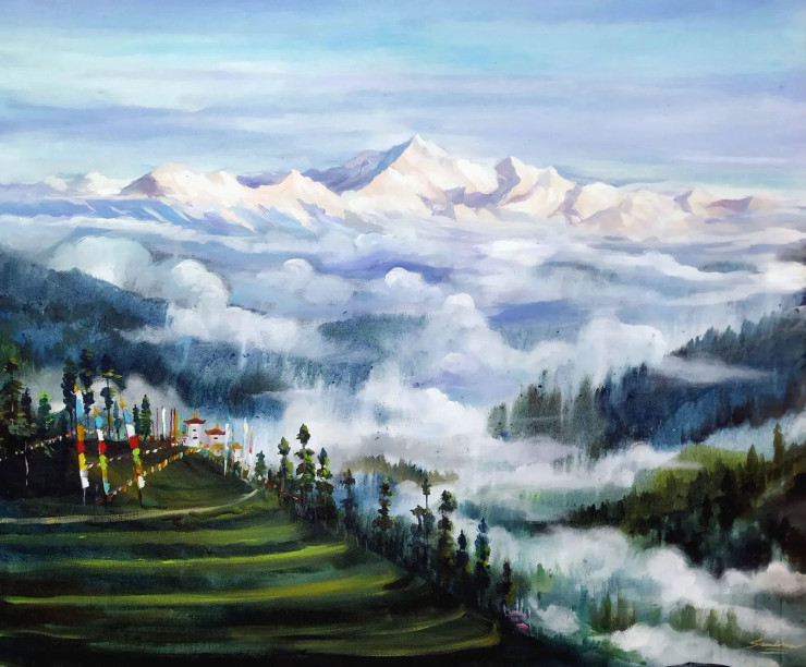 Morning Cloudy Kanchenjunga (ART-1232-105282) - Handpainted Art Painting - 36in X 30in