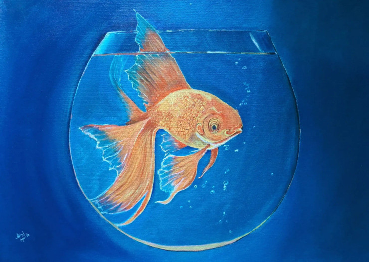 Gold Fish In A Bowl (ART-8347-105350) - Handpainted Art Painting - 24in X 16in