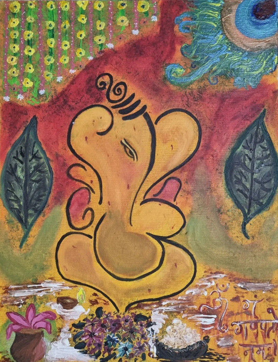 Ganesha (ART-16066-105374) - Handpainted Art Painting - 13in X 18in