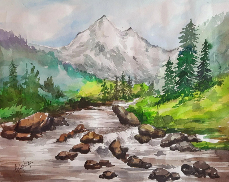 River Through Mountains! (ART-16096-105359) - Handpainted Art Painting - 16in X 11in