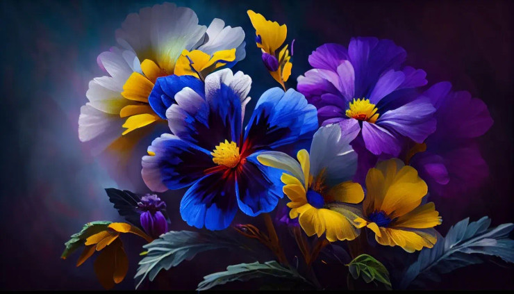 Flowers That Are Blue, Yellow And Purple (PRT-7809-105531) - Canvas Art Print - 12in X 7in
