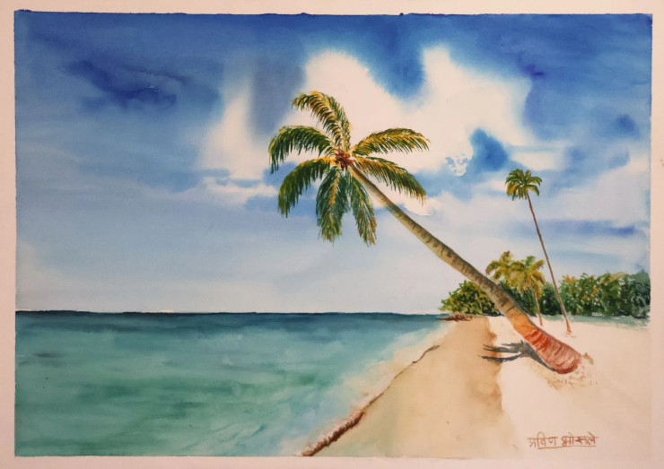 Watercolor Painting Of Beautiful Beach (ART-16102-105442) - Handpainted Art Painting - 16in X 12in