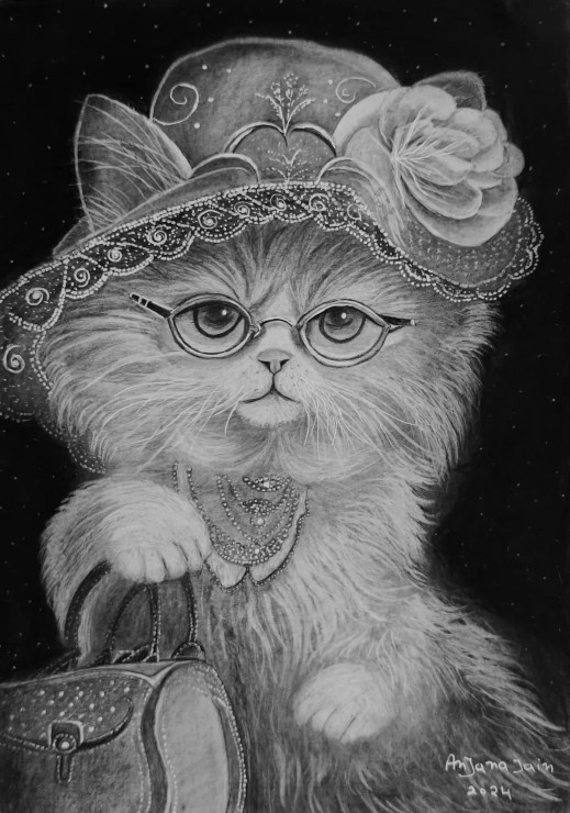 Cute Kitti (ART-8067-105527) - Handpainted Art Painting - 8in X 11in