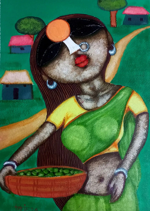 Vegetable Seller (ART-16119-105576) - Handpainted Art Painting - 11in X 15in