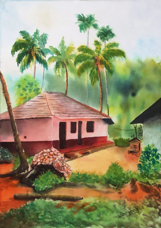 Watercolor Painting Of Village House (ART-16102-105448) - Handpainted Art Painting - 12in X 16in